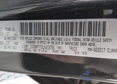 2020 Ram 1500 Lone Star 4X4 5'7 Box z USA, uszkodzony, nr VIN 1C6SRFFT2LN315755